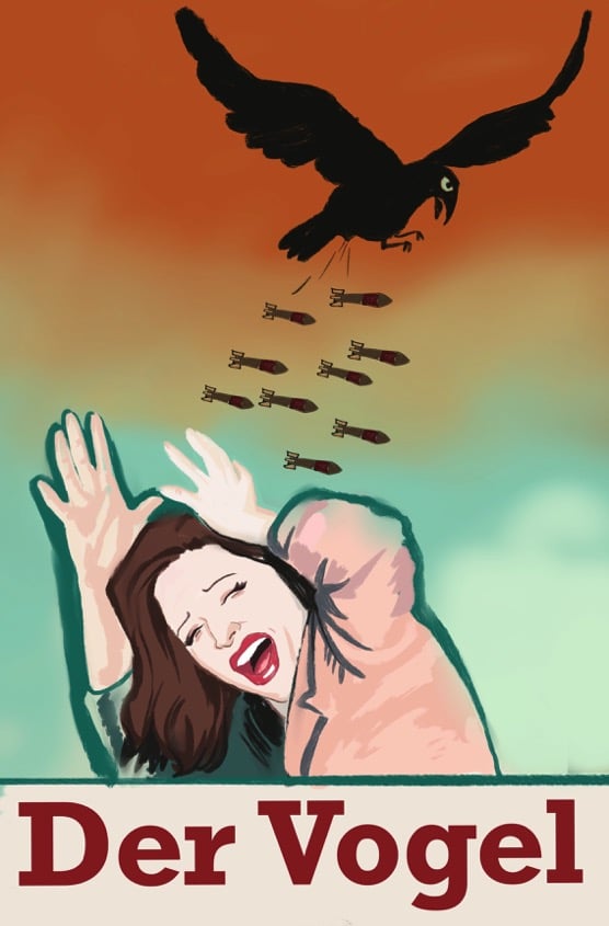 In der Karikatur wird eine sich duckende Frau von einer böse schauenden Krähe mit Streubomben beworfen. Das Bild hat eine dramatische Stimmung wie in einem Traum.