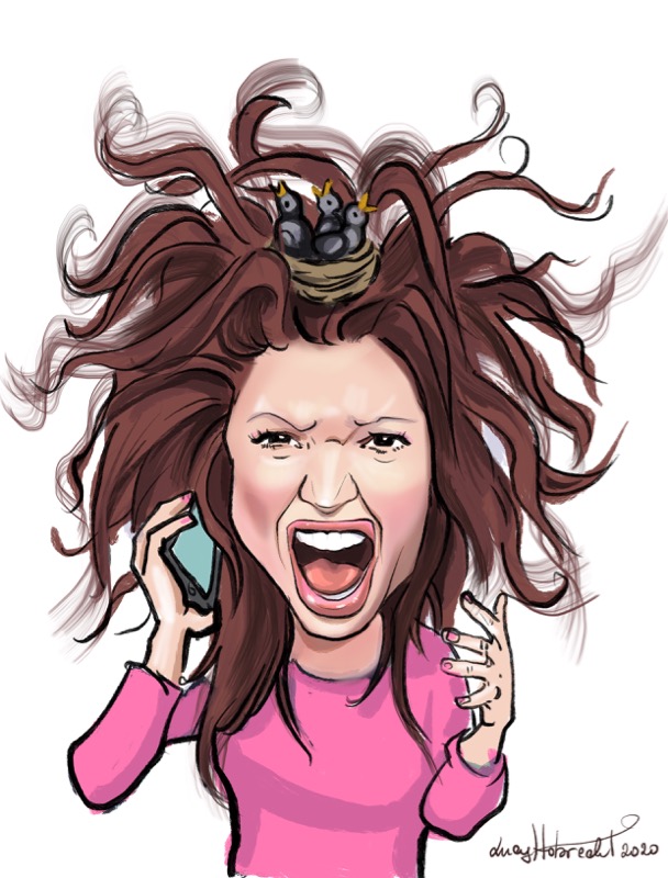 In der Karikatur ist eine offensichtlich wütende Frau zu sehen, der ihre langen braunen Haare in alle Richtungen vom Kopf abstehen. Sie hält sich ein Hand ans Ohr und schreit.